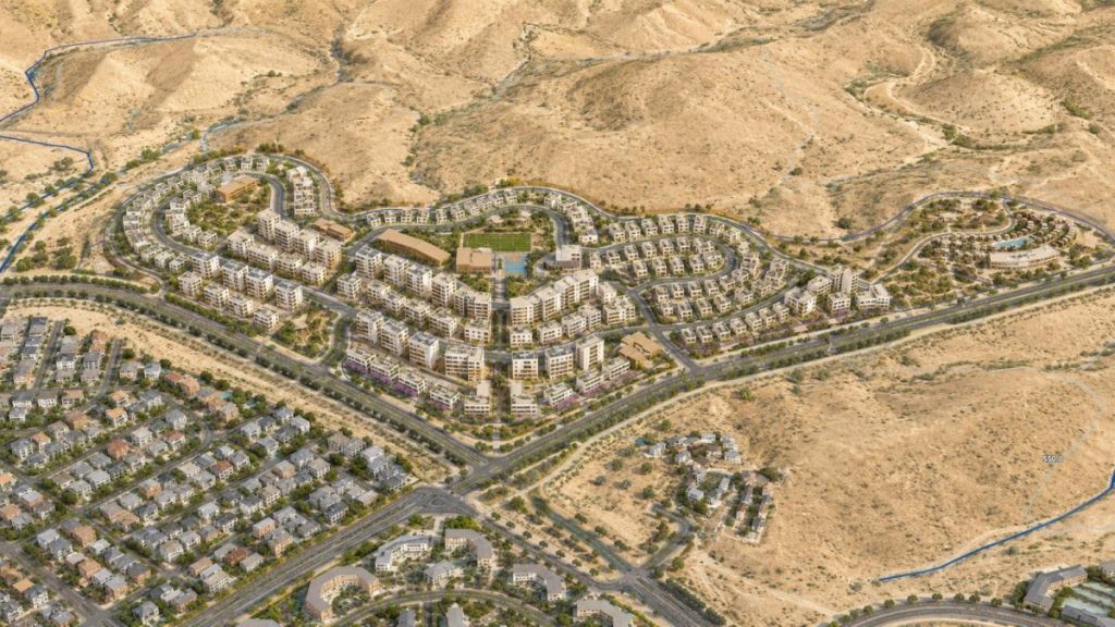 הדמיה של שכונת מגורים חדשה בנגב המזרחי עם בנייה רוויה, שטחי מסחר ומרחב עירוני מתוכנן
