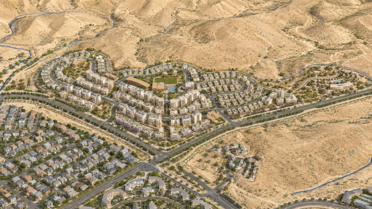 הדמיה של שכונת מגורים חדשה בנגב המזרחי עם בנייה רוויה, שטחי מסחר ומרחב עירוני מתוכנן