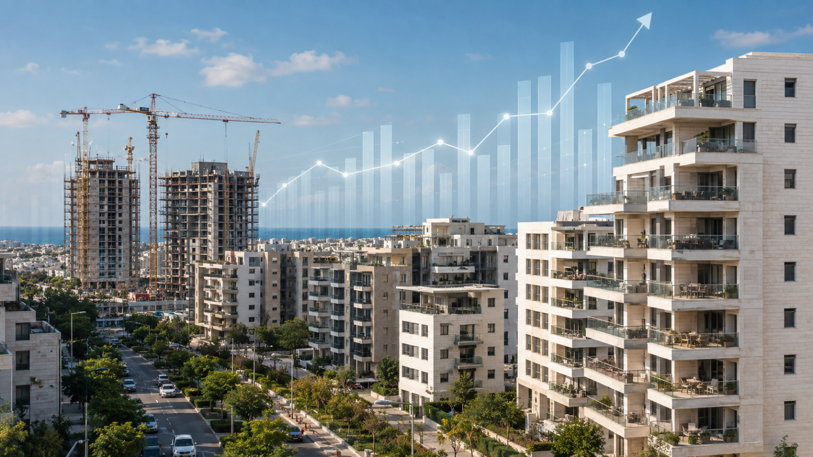 רוכשי דירות בוחנים נתוני נדל״ן על רקע בנייני מגורים חדשים ומנופים בישראל