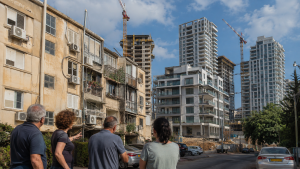 בעלי דירות ויזם בוחנים תוכנית פינוי בינוי עם דירות תמורה שונות בפרויקט התחדשות עירונית