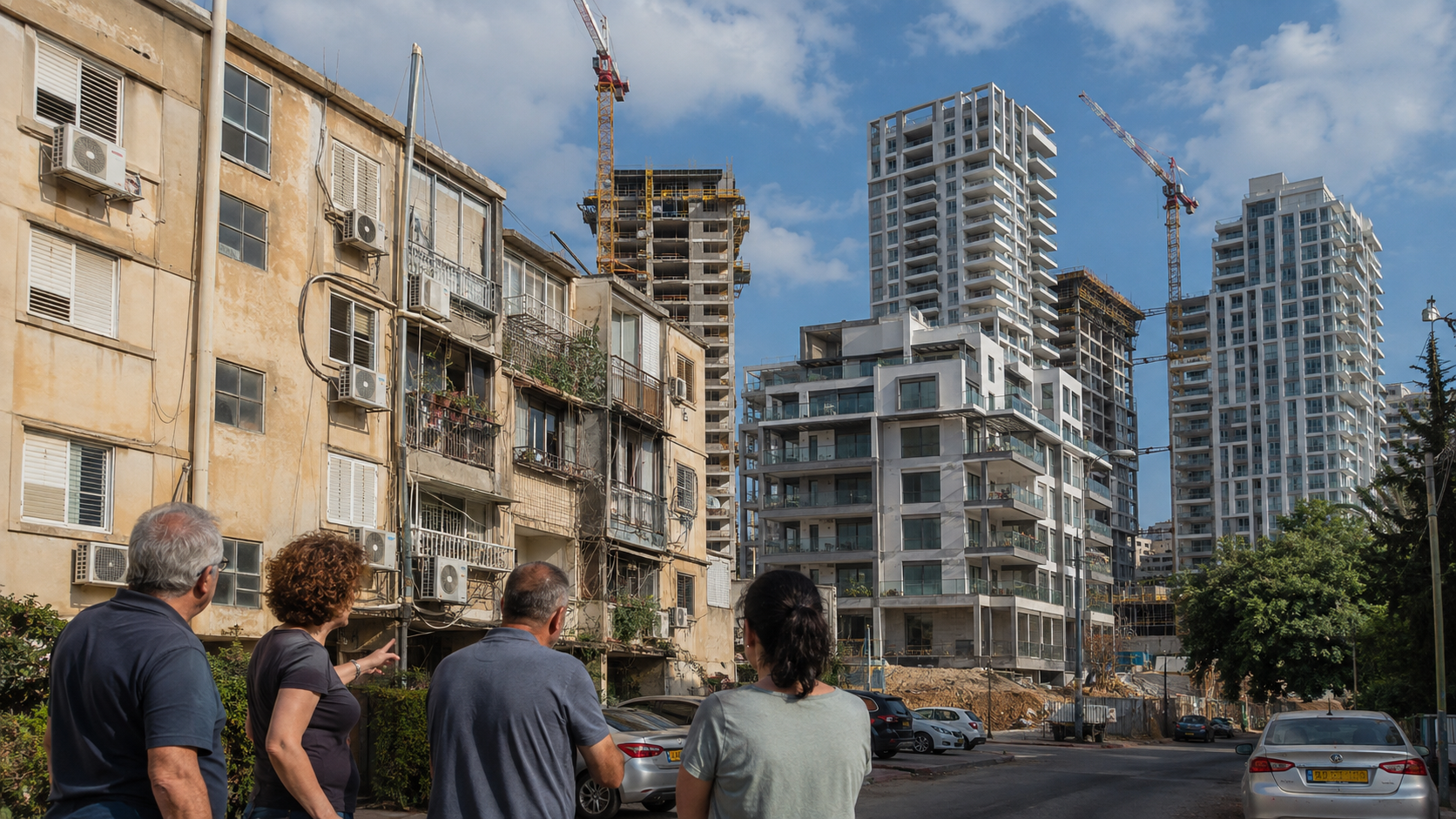 בעלי דירות ויזם בוחנים תוכנית פינוי בינוי עם דירות תמורה שונות בפרויקט התחדשות עירונית
