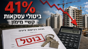 זוג רוכשים מודאג בוחן חוזה רכישת דירה על רקע אתר בנייה ושלט אזהרה על ביטול עסקה