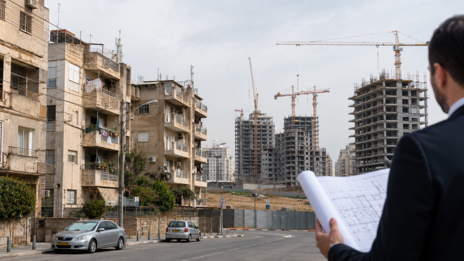 בניינים ישנים בפריפריה לצד אתר בנייה של התחדשות עירונית שמתעכב