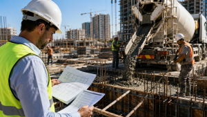 מערבל בטון באתר בנייה עם תעודת משלוח ותכנון קונסטרוקטיבי המציין חוזק בטון ודרגת חשיפה
