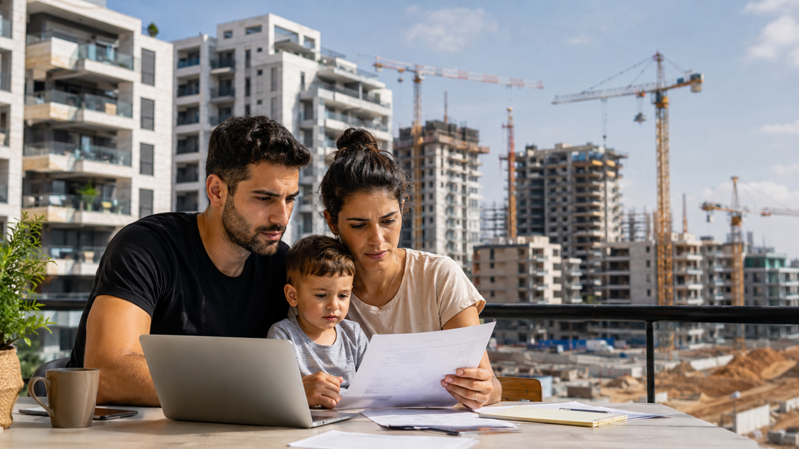 בנייני מגורים חדשים באתר בנייה בישראל לצד זוג צעיר הבוחן מסמכי הרשמה להגרלת מחיר מטרה