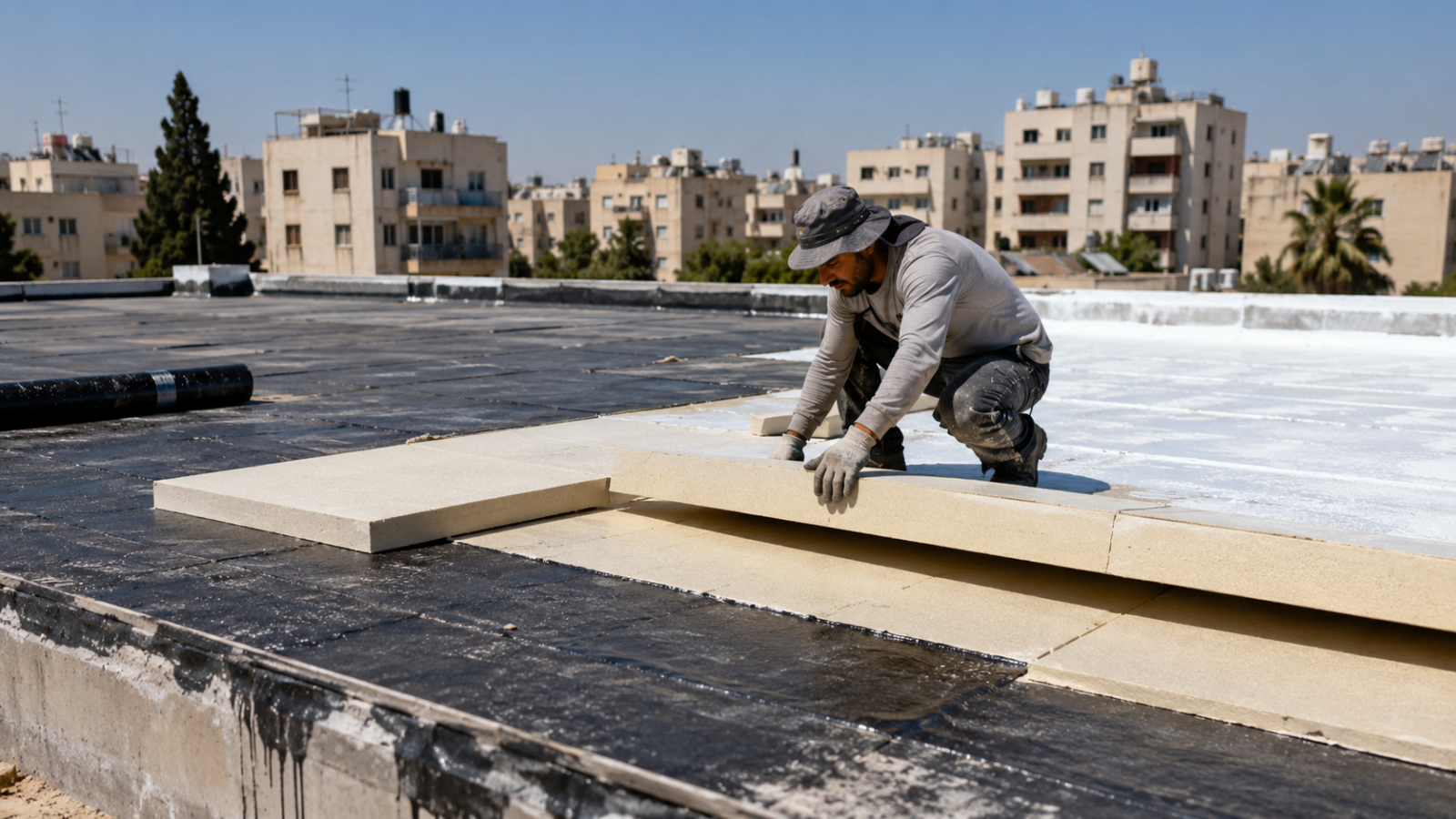 גג שטוח של בית בישראל עם שכבת בידוד תרמי חיצונית, איטום בהיר ופאנלים סולאריים ברקע