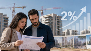 זוג צעיר וחייל מילואים עומדים מול בניין מגורים חדש ומביטים בלוח הגרלות דירה בהנחה