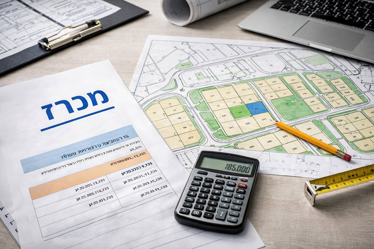 חוברת מכרז ותוכנית מגרש על שולחן עבודה לצד מחשבון ושרטוט אדריכלי