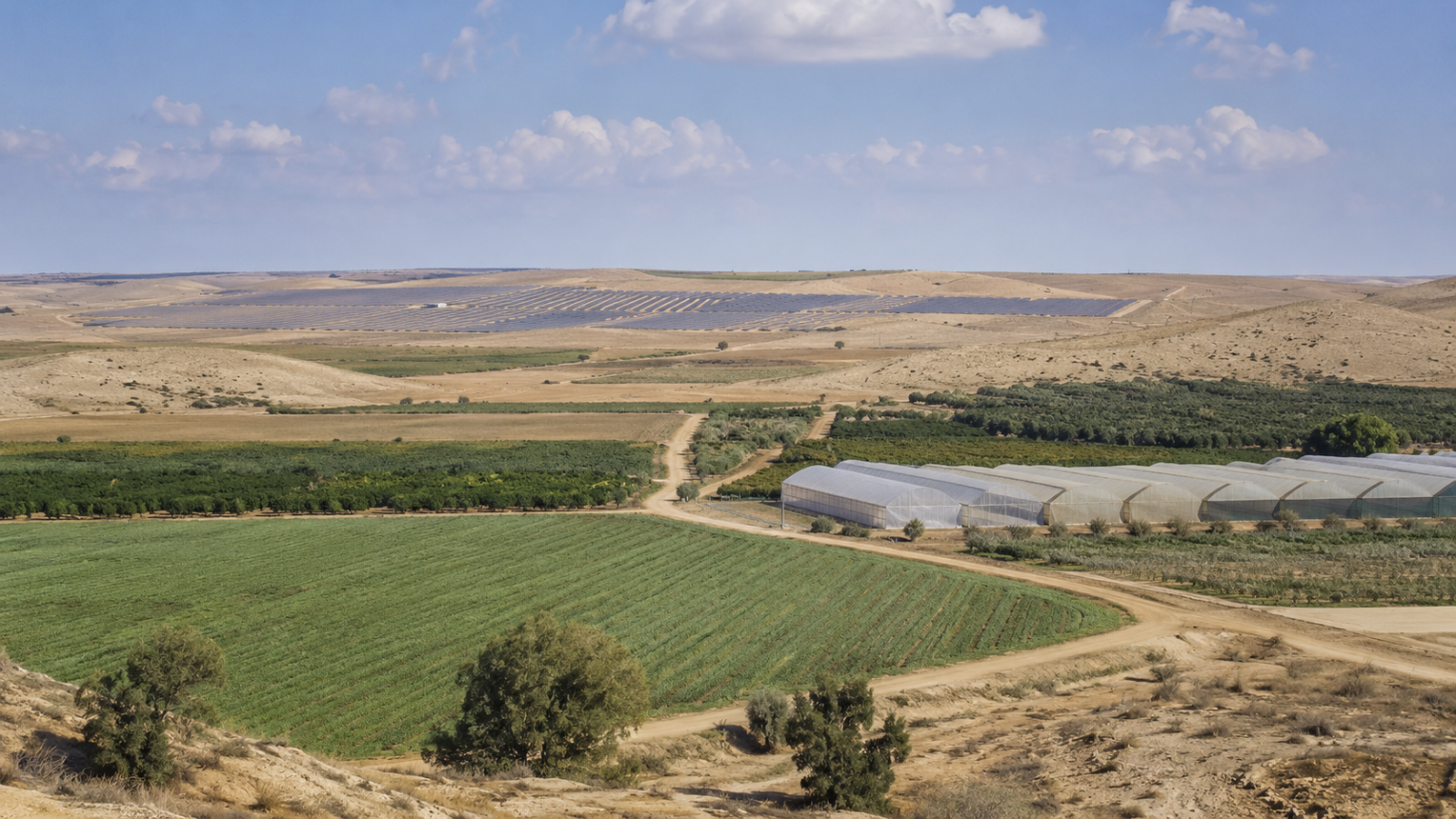 שטחים חקלאיים במושבי הנגב עם שדות, חממות ומתקני אנרגיה סולארית ברקע