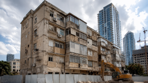 בנייני מגורים ישנים לפני פינוי-בינוי לצד הדמיה של מגדלים חדשים במתחם התחדשות עירונית